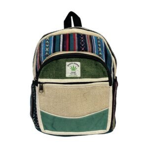 Handcrafted Himalayan Hemp Backpack – Medium – Multicolor Stripes with Green Front Panel
