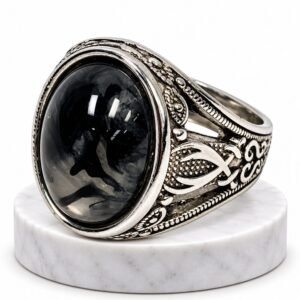 Vintage Silver-Tone Oval Black Stone Men's Statement Ring