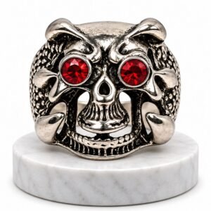 Men's Gothic Red-Eyed Skull Statement Ring