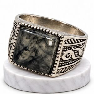 Vintage Silver-Tone Square Gray Stone Men's Signet Ring
