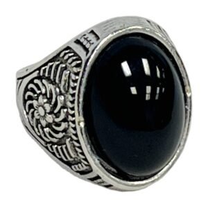 Vintage Silver-Tone Oval Black Stone Men's Statement Ring