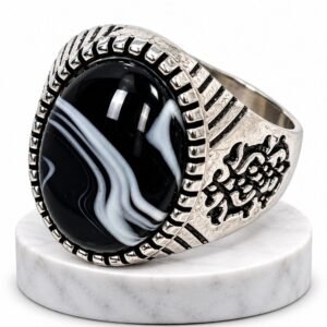 Vintage Silver-Tone Black & White Banded Onyx Men's Statement Ring