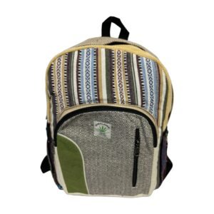 Handcrafted Himalayan Hemp Backpack – Neutral Stripes and Olive Green Pocket