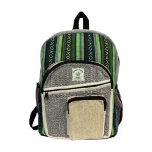 Handcrafted Himalayan Hemp Backpack – Green Geometric Stripes and Beige Pocket
