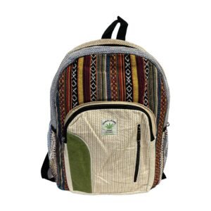 Handcrafted Himalayan Hemp Backpack – Rust Multicolor Stripes and Patchwork Pocket