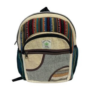 Handcrafted Himalayan Hemp Backpack – Medium – Multicolor Stripes and Curved Gray Pocket