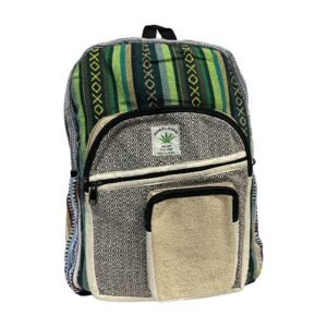 Handcrafted Himalayan Hemp Backpack – Forest Green Stripes and Cream Pocket