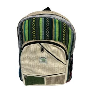 Handcrafted Himalayan Hemp Backpack – Green Geometric Stripes and Patchwork Pocket