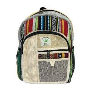 Handcrafted Himalayan Hemp Backpack – Medium – Rainbow Stripes and Patchwork Front Pocket