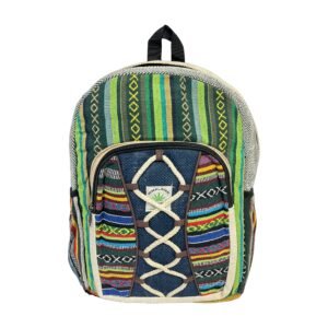 Handcrafted Himalayan Hemp Backpack – Turquoise Geometric Pattern with Crisscross Lacing