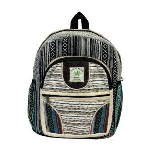 Handcrafted Himalayan Hemp Backpack – Medium – Black Geometric Stripes and Layered Pocket