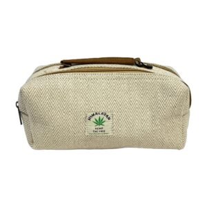 Handmade Hemp Toiletry Bag with Buffalo Leather Handle – Beige Herringbone