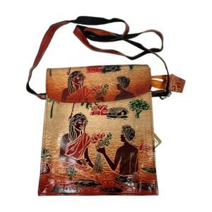 Handcrafted Shantiniketan Leather Crossbody Bag with Traditional Village Art