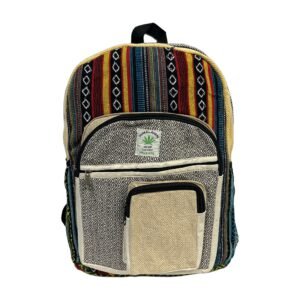 Handcrafted Himalayan Hemp Backpack – Warm Multicolor Stripes and Natural Pocket
