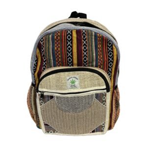 Handcrafted Himalayan Hemp Backpack – Rust Geometric Stripes and Gray Patchwork