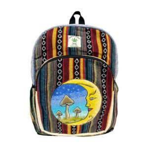 Handcrafted Himalayan Hemp Backpack with Embroidered Moon & Mushroom Design