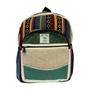 Handcrafted Himalayan Hemp Backpack – Medium – Green Colorblock Pocket and Geometric Stripes