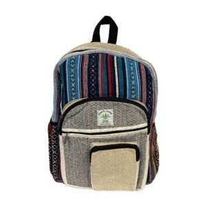 Handcrafted Himalayan Hemp Backpack – Blue and Rust Stripes with Dark Pocket