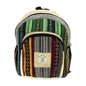 Handcrafted Himalayan Hemp Backpack – Medium – Black and Green Geometric Stripes