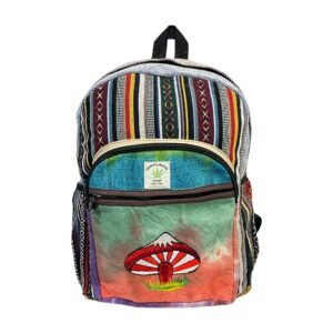 Handcrafted Himalayan Hemp Backpack with Embroidered Red Mushroom Design