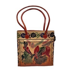 Handcrafted Shantiniketan Leather Tote Bag with Traditional Village Scene