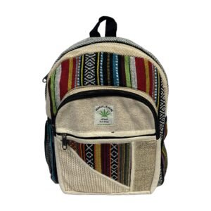 Handcrafted Himalayan Hemp Backpack – Medium – Rainbow Stripes and Diagonal Patchwork Pocket