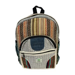 Handcrafted Himalayan Hemp Backpack – Medium – Earth Tone Stripes and Curved Blue Pocket