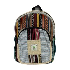 Handcrafted Himalayan Hemp Backpack – Medium – Multicolor Stripes and Blue Patchwork Pocket