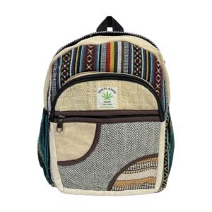 Handcrafted Himalayan Hemp Backpack – Medium – Multicolor Stripes and Curved Gray Pocket