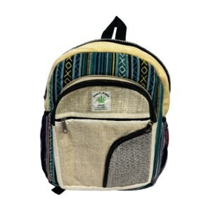 Handcrafted Himalayan Hemp Backpack – Medium – Teal Geometric Stripes and Curved Pocket