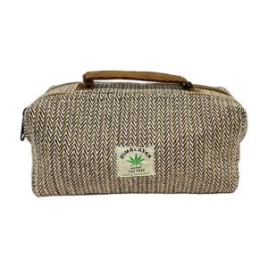 Handmade Hemp Toiletry Bag with Buffalo Leather Handle – Black Herringbone
