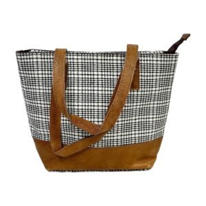 Houndstooth Shoulder Tote Bag with Buffalo Leather Trim – Black & White