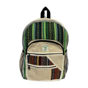 Handcrafted Himalayan Hemp Backpack – Green Stripes and Patchwork Front Pocket