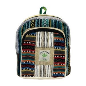 Himalayan Hemp Backpack – Small – Teal Border & Rainbow Patchwork