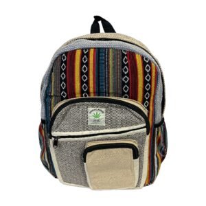 Handcrafted Himalayan Hemp Backpack – Rust Stripes and Beige Front Pocket