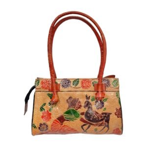 Handcrafted Shantiniketan Leather Handbag with Woman & Deer Folk Art