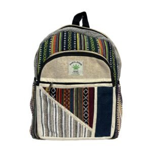 Handcrafted Himalayan Hemp Backpack – Medium – Rainbow Stripes and Diagonal Woven Panel