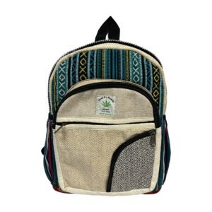 Handcrafted Himalayan Hemp Backpack – Medium – Turquoise Geometric Stripes and Curved Pocket