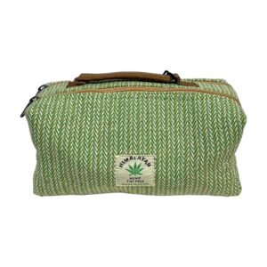 Handmade Hemp Toiletry Bag with Buffalo Leather Handle – Green Herringbone