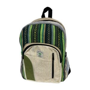 Handcrafted Himalayan Hemp Backpack – Green Geometric Stripes and Olive Pocket
