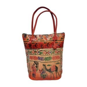Handcrafted Shantiniketan Leather Tote Bag with Traditional Village & Animal Art
