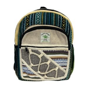 Handcrafted Himalayan Hemp Backpack – Medium – Turquoise Stripes and Woven Lattice Pocket