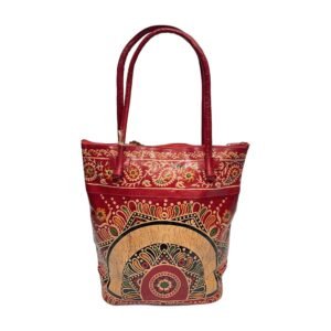 Handcrafted Shantiniketan Leather Tote Bag with Red Mandala Design