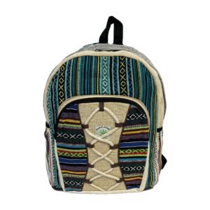 Handcrafted Himalayan Hemp Backpack – Turquoise Stripes with Crisscross Front Pocket