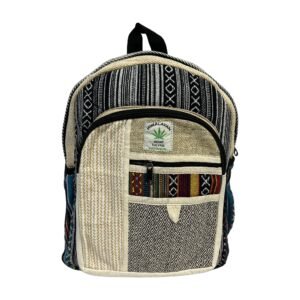 Handcrafted Himalayan Hemp Backpack – Medium – Black Geometric Stripes and Patchwork Pocket
