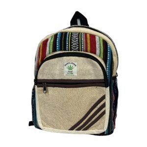 Handcrafted Himalayan Hemp Backpack – Medium – Rainbow Stripes and Diagonal Brown Accents