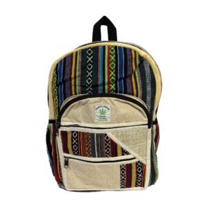Handcrafted Himalayan Hemp Backpack – Blue and Yellow Stripes with Patchwork Pocket