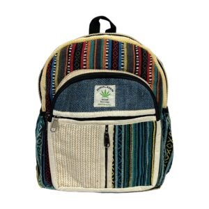 Handcrafted Himalayan Hemp Backpack – Medium – Rainbow Stripes and Blue Split Pocket