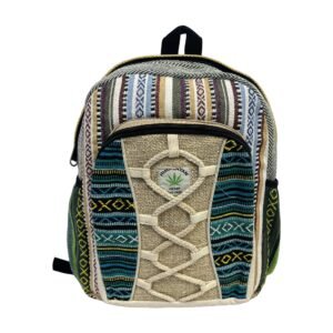 Handcrafted Himalayan Hemp Backpack – Medium – Teal Geometric Stripes and Lattice Pocket