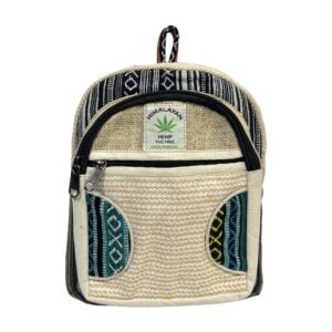 Himalayan Hemp Backpack – Small – Black Stripe & Teal Curved Patchwork